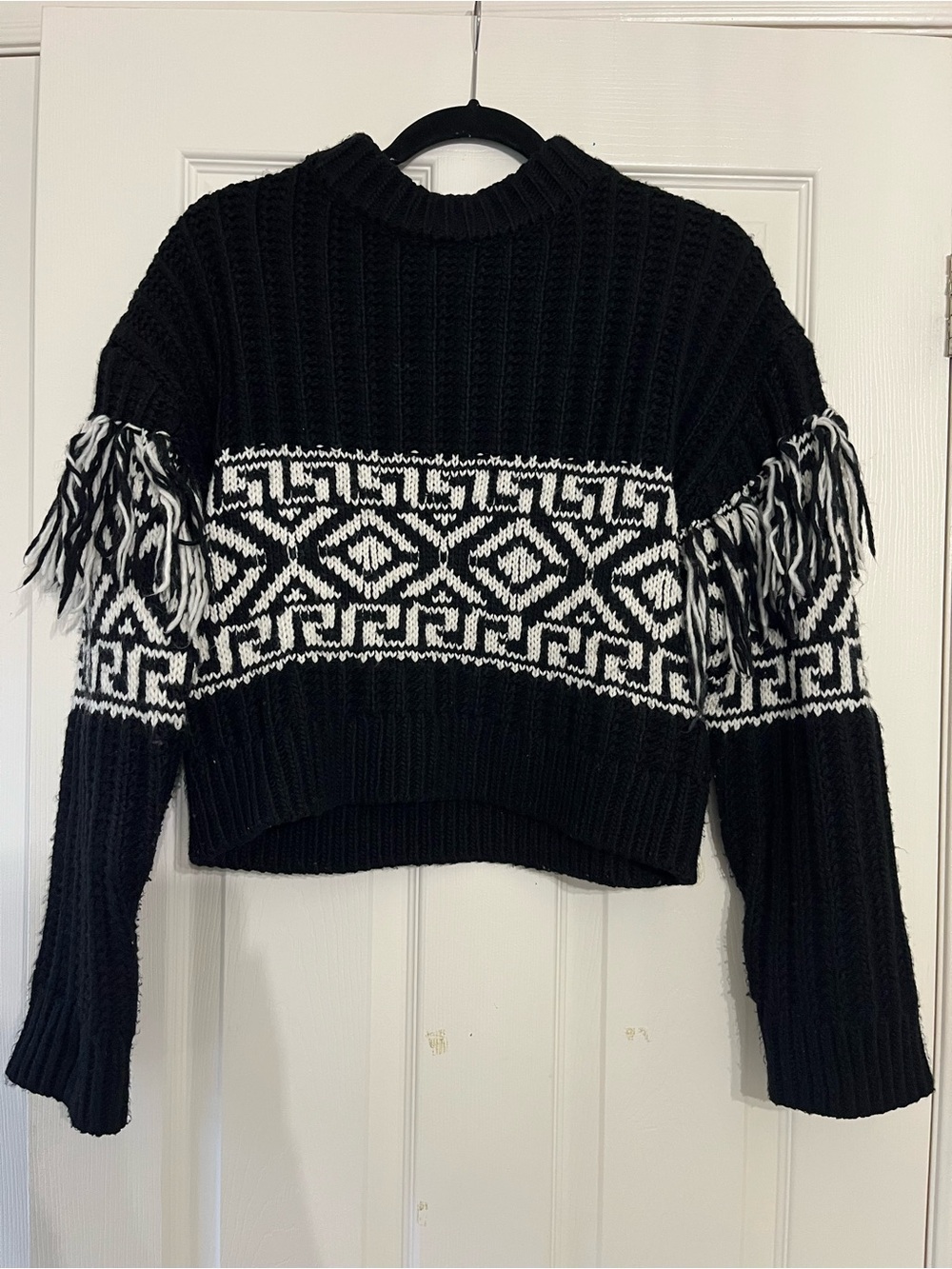Black and White Fringe Geometric Crewneck Sweater